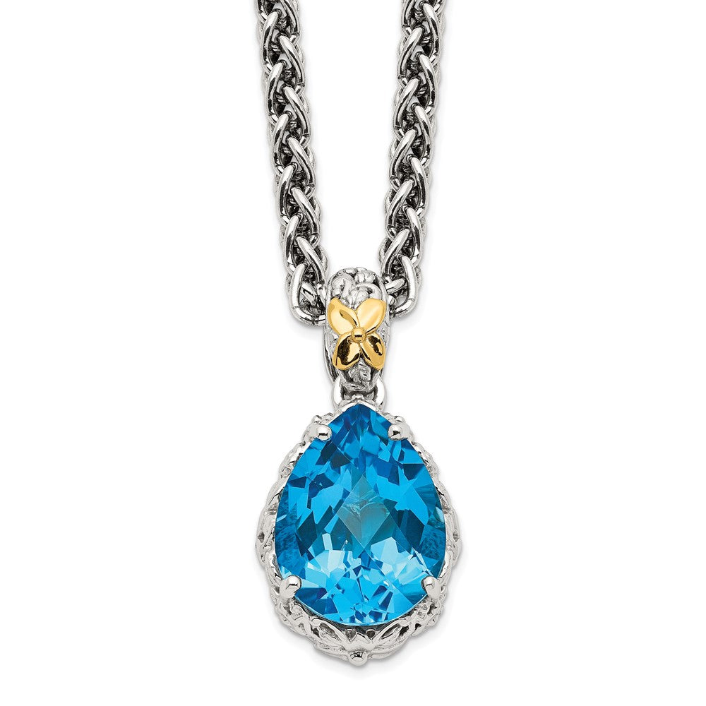 14K/Silver Two-Tone Shey Couture Sterling Silver Rhodium-Plated With 14K Accent 18 Inch Antiqued Pear Shaped Blue Topaz Necklace