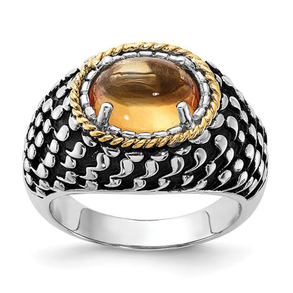 14K/Silver Two Tone Sterling Silver 14K Accent Polished & Antiqued Citrine Ring (Size 7 Only)
