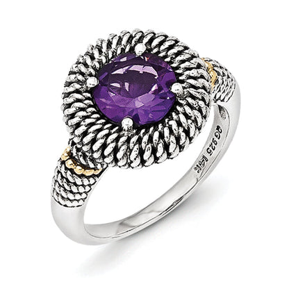 14K/Silver Two Tone Sterling Silver 14K Antiqued Amethyst Ring (Size 7 Only)