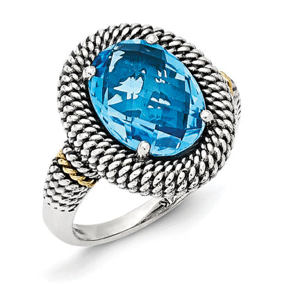 14K/Silver Two Tone Sterling Silver 14K Antiqued Blue Topaz Ring