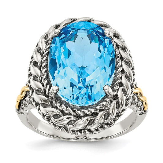 14K/Silver Two Tone Shey Couture Sterling Silver With 14K Accent Antiqued Oval Blue Topaz Ring (Size 7 Only)