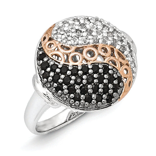 Sterling Silver & Rose Gold Plated Blk Rhodium White Topaz Onyx Ring (Size 8 Only)