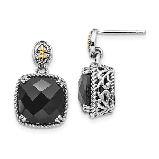 14K/Silver Two Tone Shey Couture Sterling Silver With 14K Accent Antiqued Checkerboard Cut Black Onyx Dangle Post Earrings
