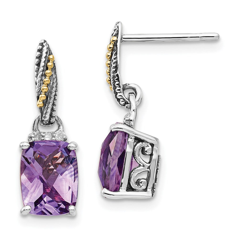 14K/Silver Two Tone Shey Couture Sterling Silver With 14K Accent Antiqued Diamond And Cushion Amethyst Dangle Post Earrings