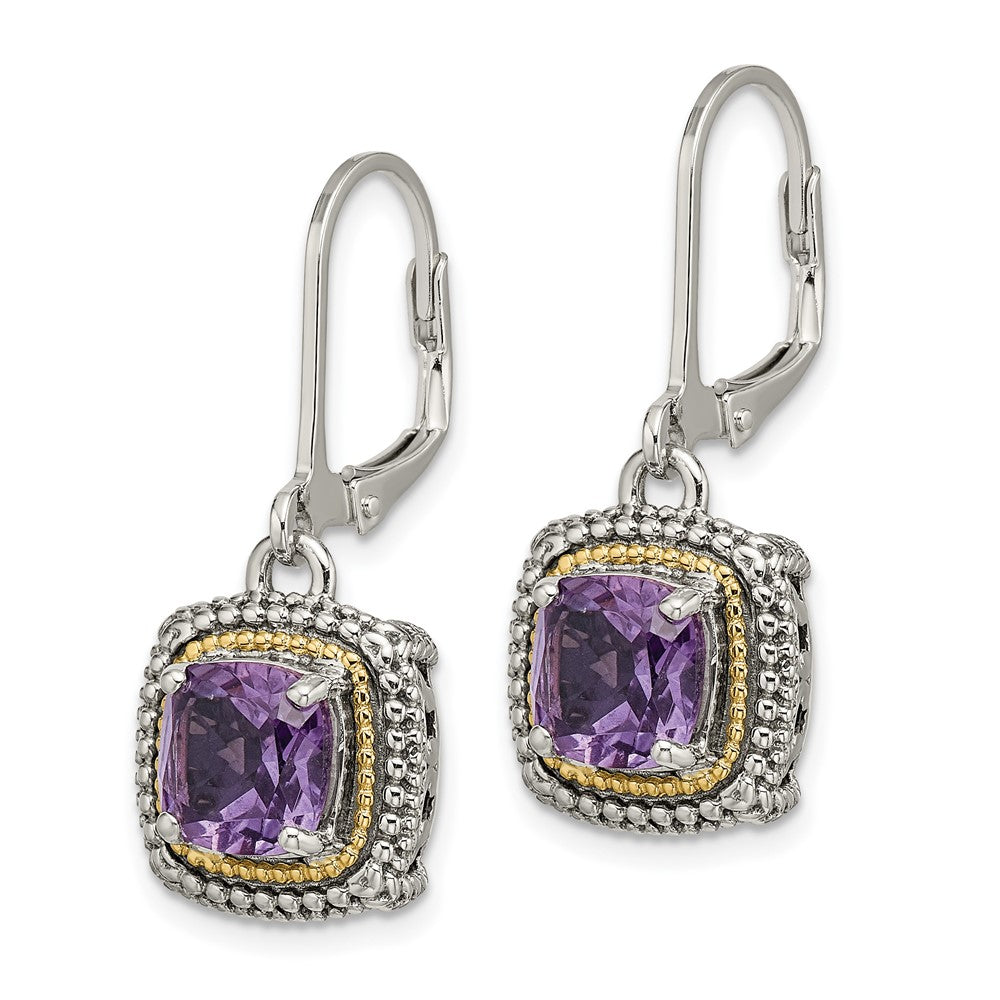 14K/Silver Two Tone Shey Couture Sterling Silver With 14K Accent Antiqued Cushion Amethyst Leverback Earrings