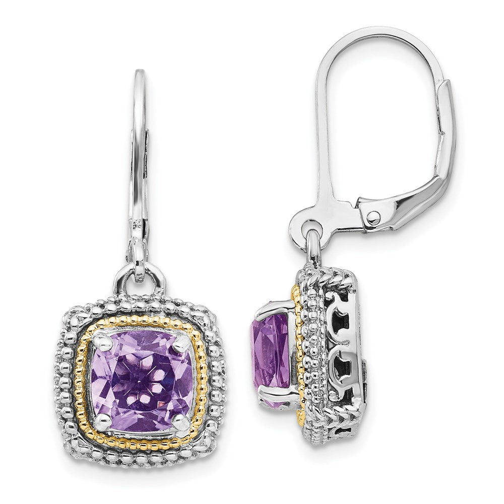 14K/Silver Two Tone Shey Couture Sterling Silver With 14K Accent Antiqued Cushion Amethyst Leverback Earrings