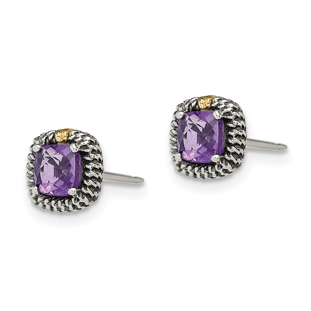 14K/Silver Two Tone Shey Couture Sterling Silver With 14K Accent Antiqued Cushion Cut Amethyst Post Earrings