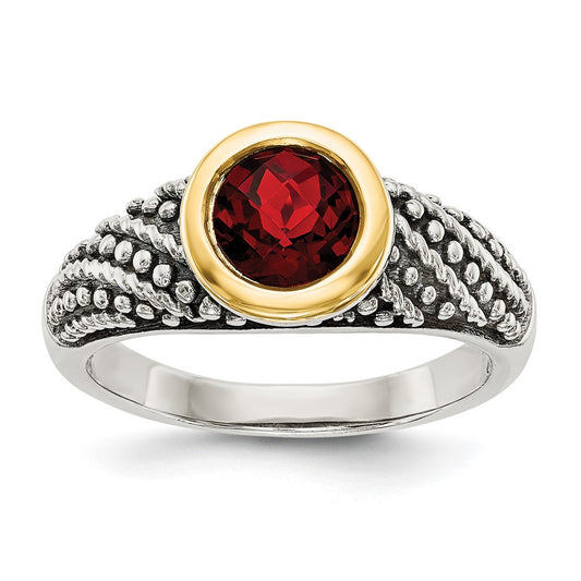 14K/Silver Two Tone Shey Couture Sterling Silver With 14K Accent Antiqued Round Bezel Garnet Ring