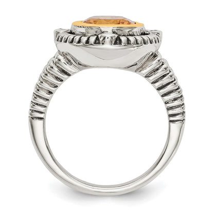 14K/Silver Two Tone Shey Couture Sterling Silver With 14K Accent Antiqued Oval Bezel Citrine Diamond Ring (Size 6 Only)