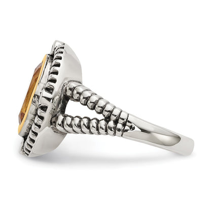 14K/Silver Two Tone Shey Couture Sterling Silver With 14K Accent Antiqued Oval Bezel Citrine Diamond Ring (Size 6 Only)