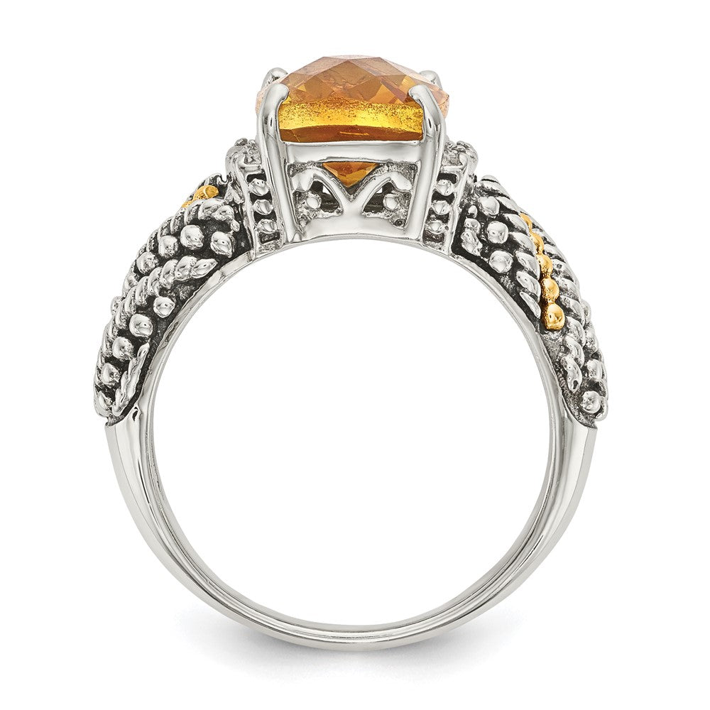 14K/Silver Two Tone Shey Couture Sterling Silver With 14K Accent Antiqued Diamond And Checkerboard Cushion Citrine Ring