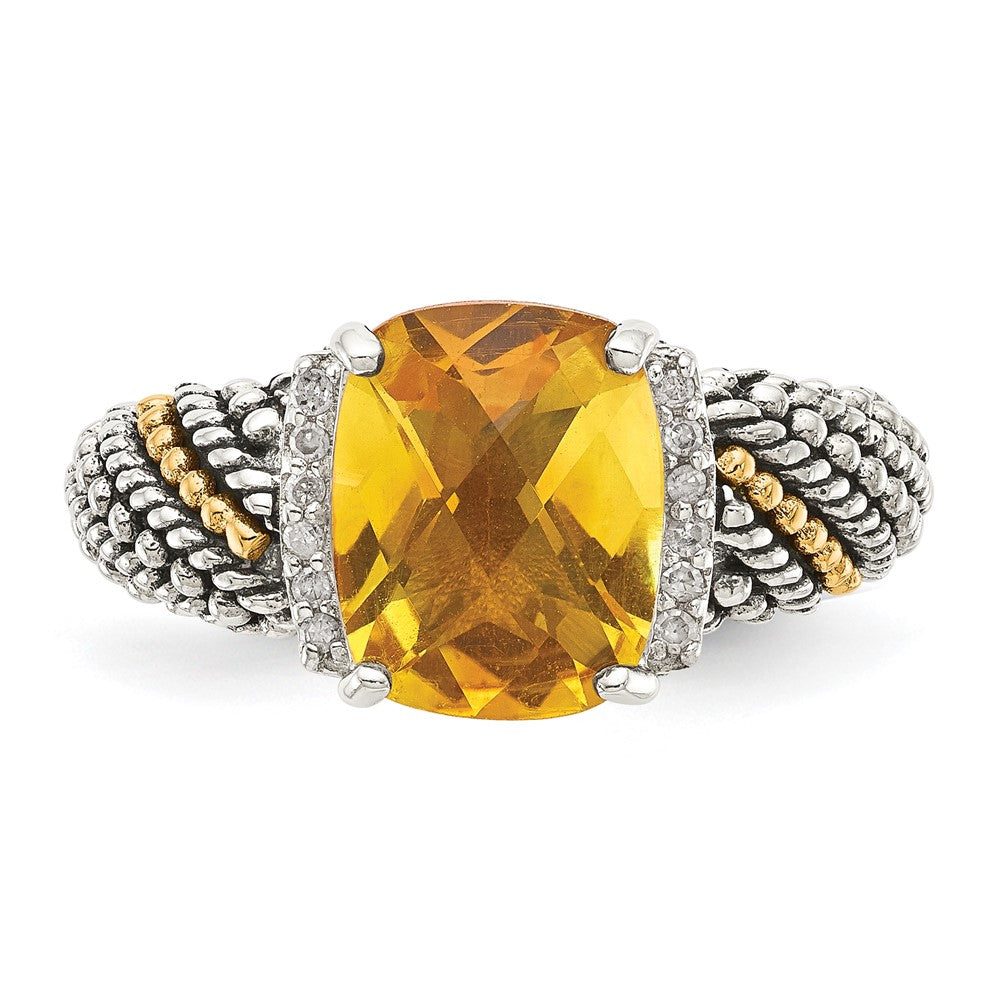 14K/Silver Two Tone Shey Couture Sterling Silver With 14K Accent Antiqued Diamond And Checkerboard Cushion Citrine Ring