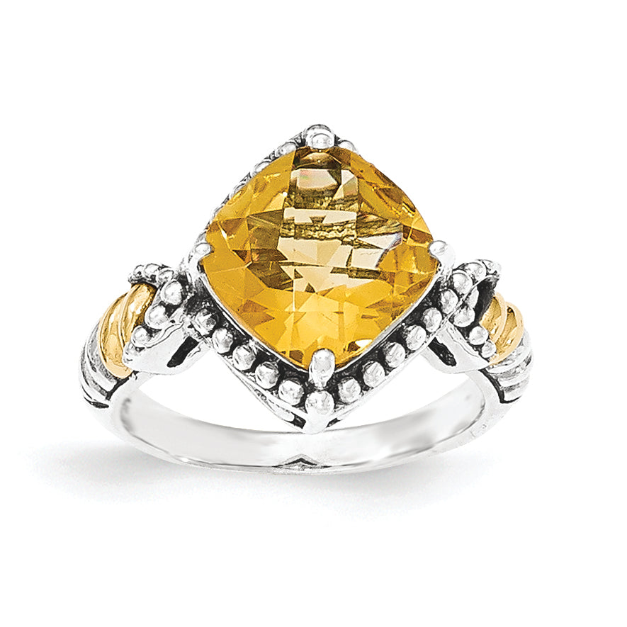14K/Silver Two Tone Sterling Silver Citrine Cushion Ring