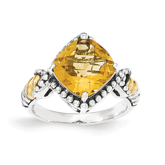 14K/Silver Two Tone Sterling Silver Citrine Cushion Ring