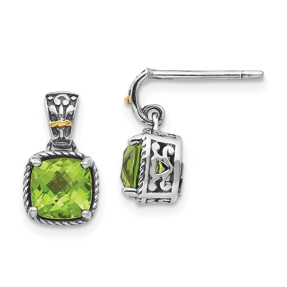 14K/Silver Two Tone Shey Couture Sterling Silver With 14K Accent Antiqued Cushion Peridot Dangle Post Earrings
