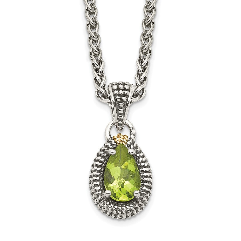 14K/Silver Two Tone Shey Couture Sterling Silver With 14K Accent 18 Inch Antiqued Pear Shaped Peridot Necklace