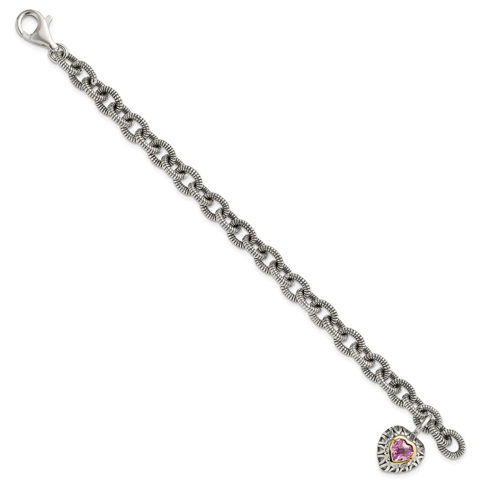 14K/Silver Two Tone Shey Couture Sterling Silver With 14K Accent 7.5 Inch Antiqued Heart Bezel Created Pink Sapphire Charm Bracelet