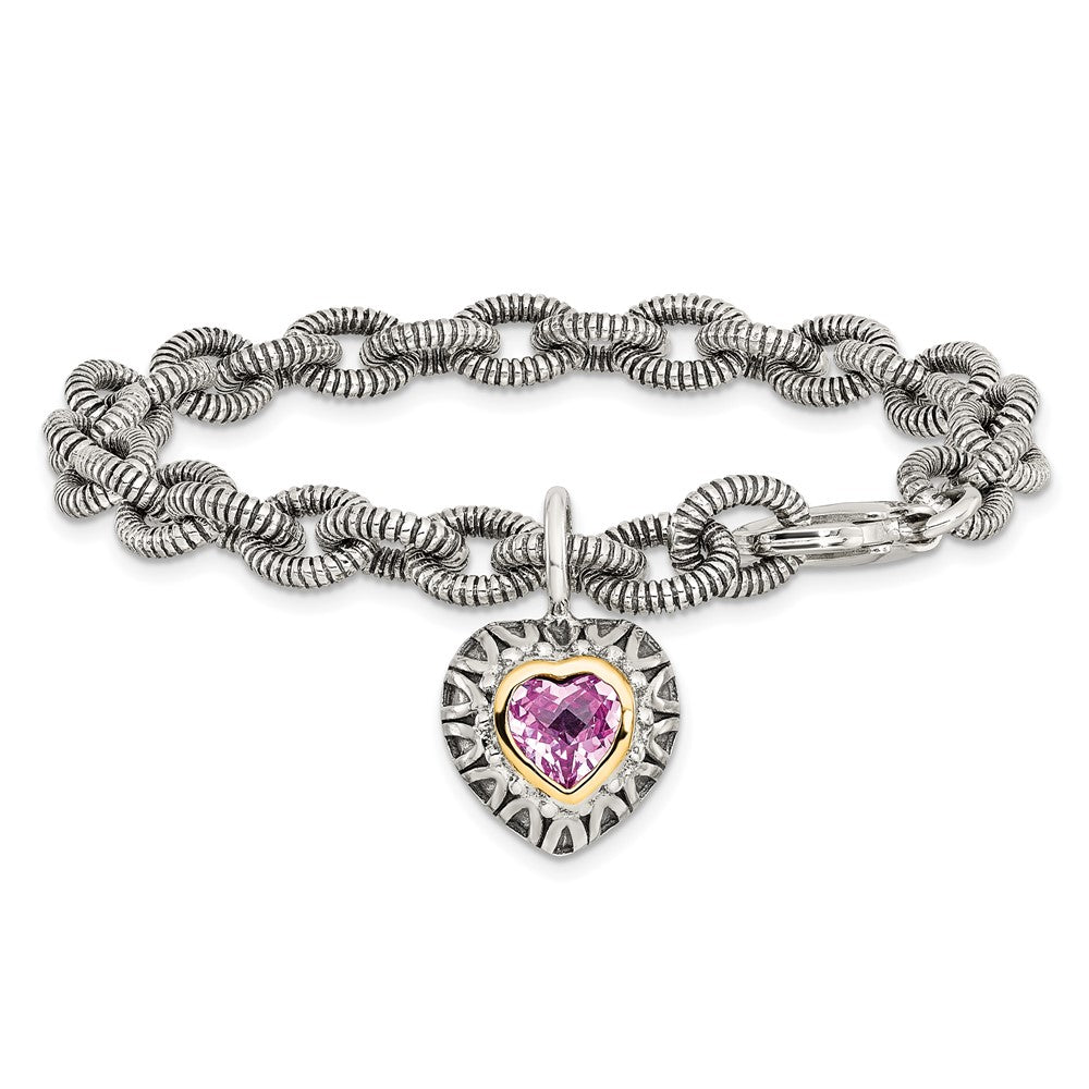14K/Silver Two Tone Shey Couture Sterling Silver With 14K Accent 7.5 Inch Antiqued Heart Bezel Created Pink Sapphire Charm Bracelet