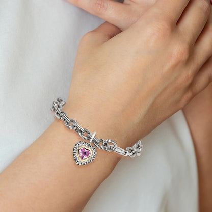 14K/Silver Two Tone Shey Couture Sterling Silver With 14K Accent 7.5 Inch Antiqued Heart Bezel Created Pink Sapphire Charm Bracelet