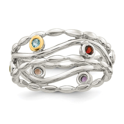 14K/Silver Two Tone Shey Couture Sterling Silver Rhodium Plated With 14K Accent Round Bezel Amethyst Blue Topaz/Citrine/Garnet/Peridot And Smoky Quartz Ring