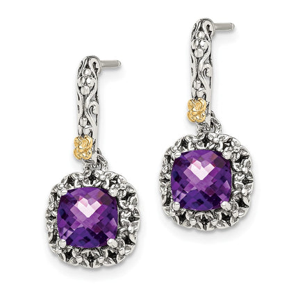 14K/Silver Two Tone Shey Couture Sterling Silver With 14K Accent Antiqued Cushion Amethyst Post Dangle Earrings