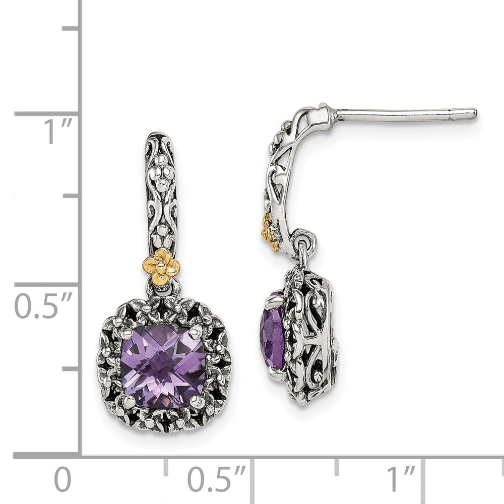 14K/Silver Two Tone Shey Couture Sterling Silver With 14K Accent Antiqued Cushion Amethyst Post Dangle Earrings