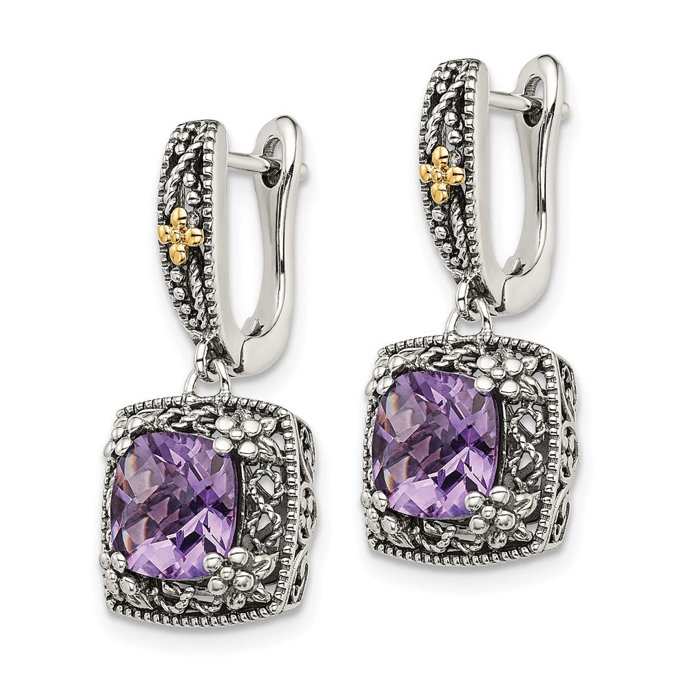 14K/Silver Two Tone Shey Couture Sterling Silver With 14K Accent Antiqued Cushion Amethyst Hinged Hoop Dangle Earrings