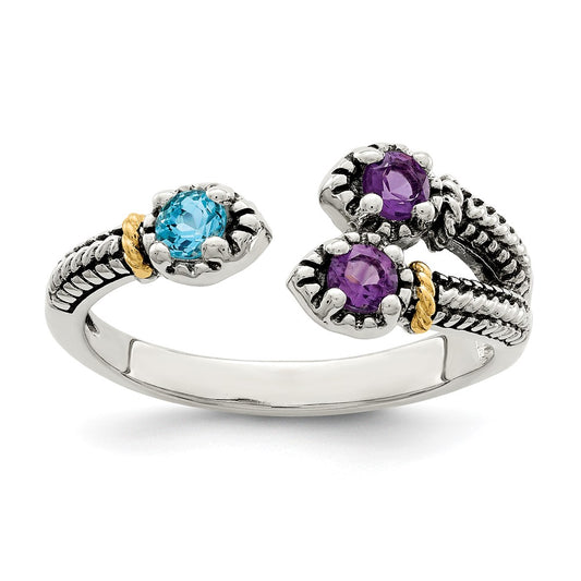 14K/Silver Two Tone Sterling Silver W/ 14K Accent Amethyst & Light Swiss Blue Topaz Ring (Size 6 Only)