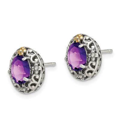 14K/Silver Two Tone Shey Couture Sterling Silver With 14K Accent Antiqued Oval Amethyst Post Earrings