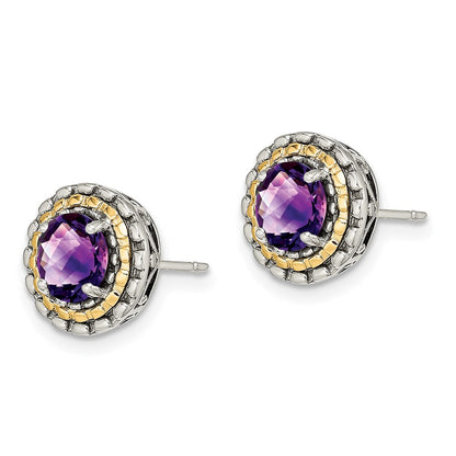 14K/Silver Two Tone Shey Couture Sterling Silver With 14K Accent Antiqued Round Amethyst Post Earrings