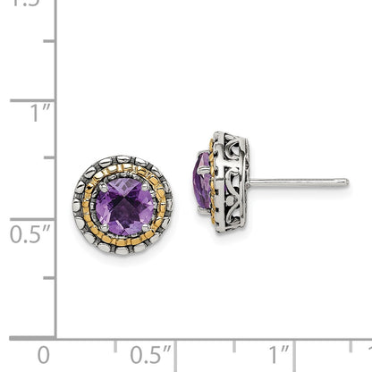 14K/Silver Two Tone Shey Couture Sterling Silver With 14K Accent Antiqued Round Amethyst Post Earrings