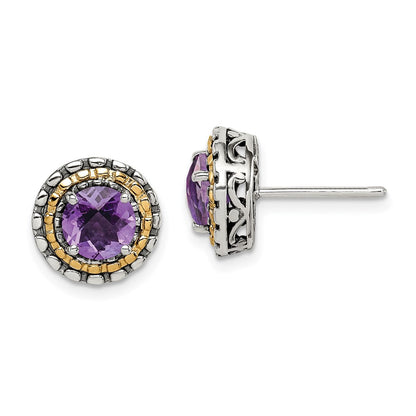 14K/Silver Two Tone Shey Couture Sterling Silver With 14K Accent Antiqued Round Amethyst Post Earrings