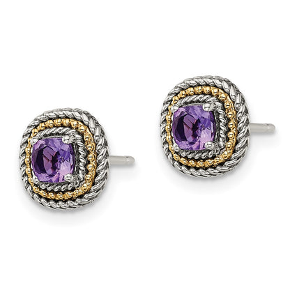 14K/Silver Two Tone Shey Couture Sterling Silver With 14K Accent Antiqued Cushion Amethyst Post Earrings