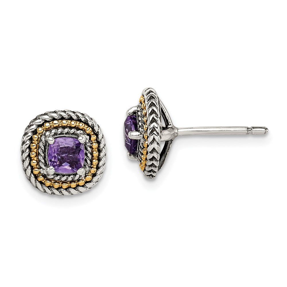 14K/Silver Two Tone Shey Couture Sterling Silver With 14K Accent Antiqued Cushion Amethyst Post Earrings