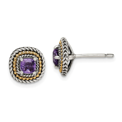 14K/Silver Two Tone Shey Couture Sterling Silver With 14K Accent Antiqued Cushion Amethyst Post Earrings