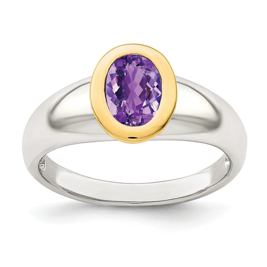 14K/Silver Two Tone Sterling Silver W/ 14K Accent Amethyst Oval Ring (Size 6 Only)