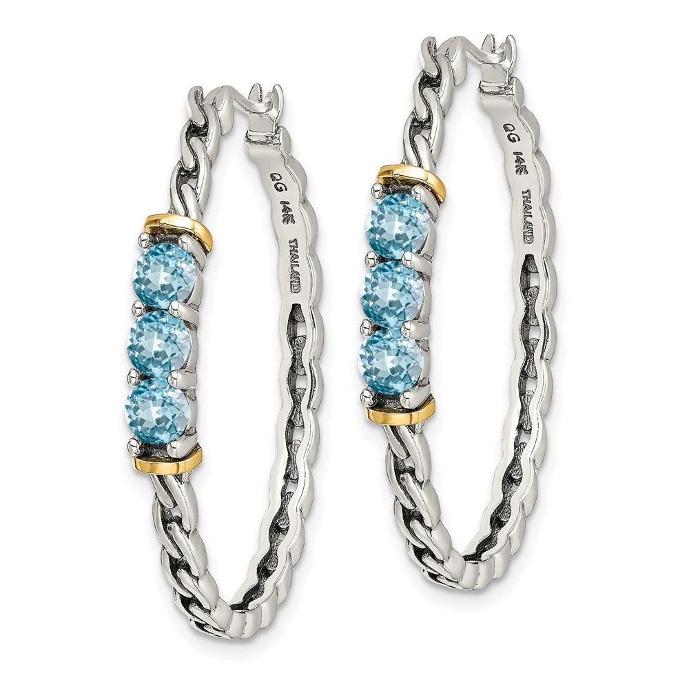 14K/Silver Two Tone Shey Couture Sterling Silver With 14K Accent Antiqued Round Light Swiss Blue Topaz Hoop Earrings