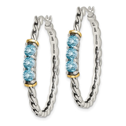 14K/Silver Two Tone Shey Couture Sterling Silver With 14K Accent Antiqued Round Light Swiss Blue Topaz Hoop Earrings