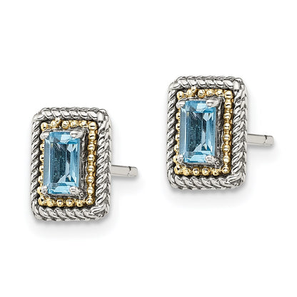 14K/Silver Two Tone Shey Couture Sterling Silver With 14K Accent Antiqued Emerald Cut Blue Topaz Post Earrings