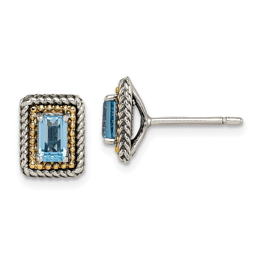 14K/Silver Two Tone Shey Couture Sterling Silver With 14K Accent Antiqued Emerald Cut Blue Topaz Post Earrings