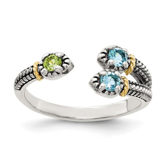 14K/Silver Two Tone Shey Couture Sterling Silver With 14K Accent Antiqued .22Round Light Swiss Blue Topaz And .12Round Peridot Ring