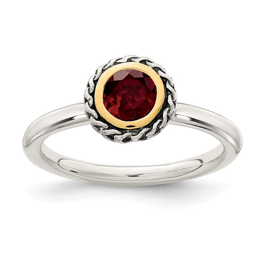 14K/Silver Two Tone Shey Couture Sterling Silver With 14K Accent Antiqued Round Bezel Garnet Ring