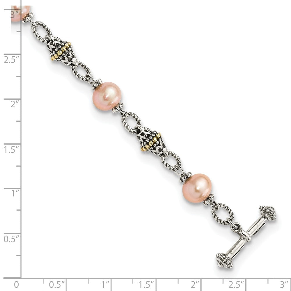 14K/Silver Two Tone Shey Couture Sterling Silver With 14K Accent 7.5 Inch Antiqued 9 10mm Freshwater Cultured Pink Pearl Bracelet