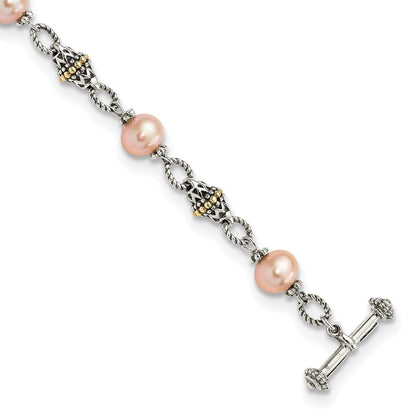 14K/Silver Two Tone Shey Couture Sterling Silver With 14K Accent 7.5 Inch Antiqued 9 10mm Freshwater Cultured Pink Pearl Bracelet