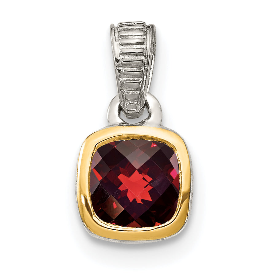 14K/Silver Two Tone Shey Couture Sterling Silver Rhodium Plated With 14K Accent Polished Cushion Cut Garnet Pendant