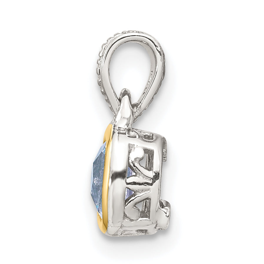 14K/Silver Two Tone Shey Couture Sterling Silver Rhodium Plated With 14K Accent Polished Cushion Cut Aquamarine Pendant