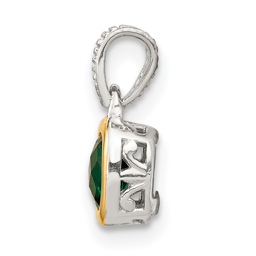 14K/Silver Two Tone Shey Couture Sterling Silver Rhodium Plated With 14K Accent Polished Cushion Cut Created Emerald Pendant