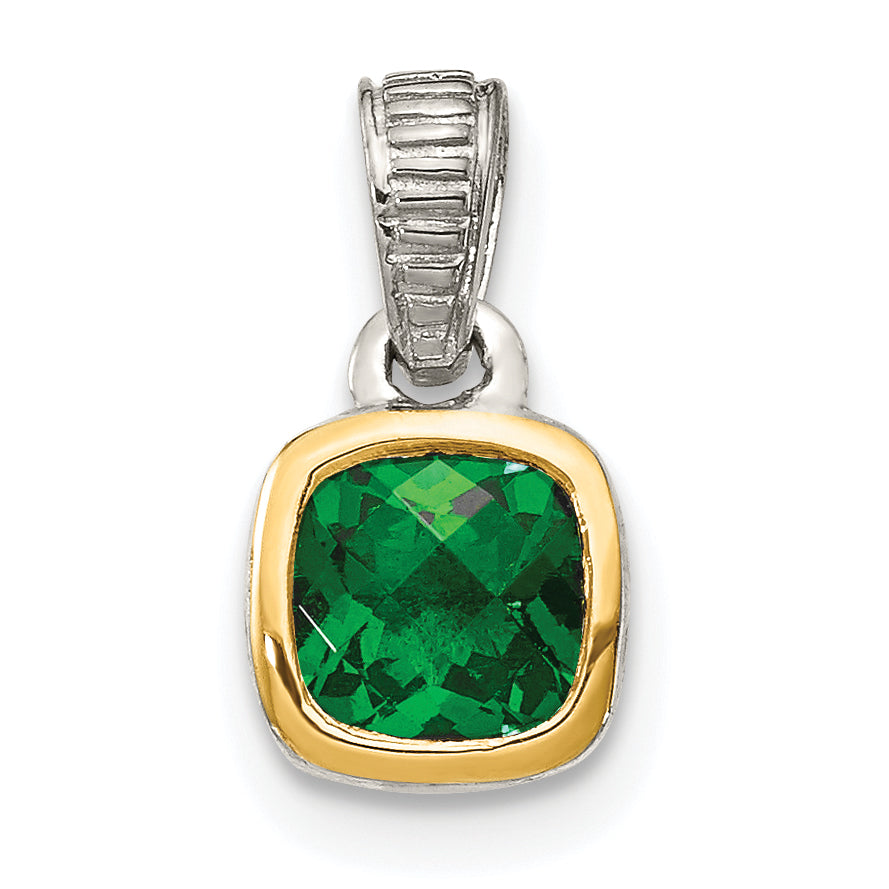 14K/Silver Two Tone Shey Couture Sterling Silver Rhodium Plated With 14K Accent Polished Cushion Cut Created Emerald Pendant