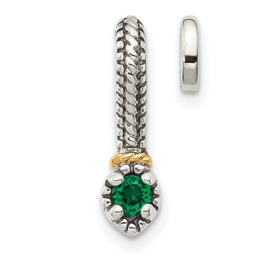 14K/Silver Two Tone Shey Couture Sterling Silver Antiqued With 14K Accent Polished Created Emerald Chain Slide Pendant