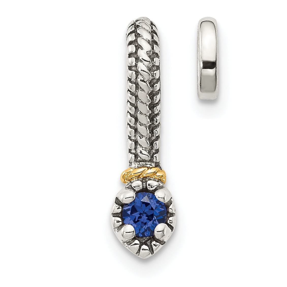 14K/Silver Two Tone Shey Couture Sterling Silver Antiqued With 14K Accent Polished Created Sapphire Chain Slide Pendant
